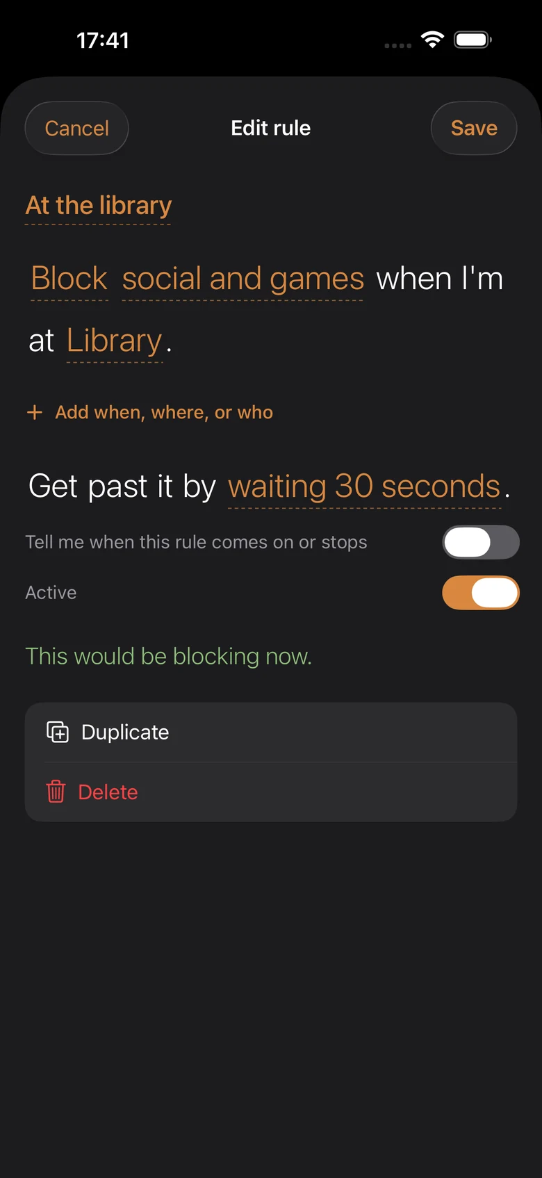 Editing a rule in MindFence. The rule is written as a sentence: Block social and games when I'm at Library. Get past it by waiting 30 seconds. Below it, a note reads: This would be blocking now.